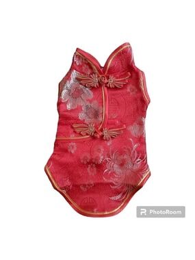 Chinese New Year Red Floral Dog Shirt With Gold Accents - Size Small
